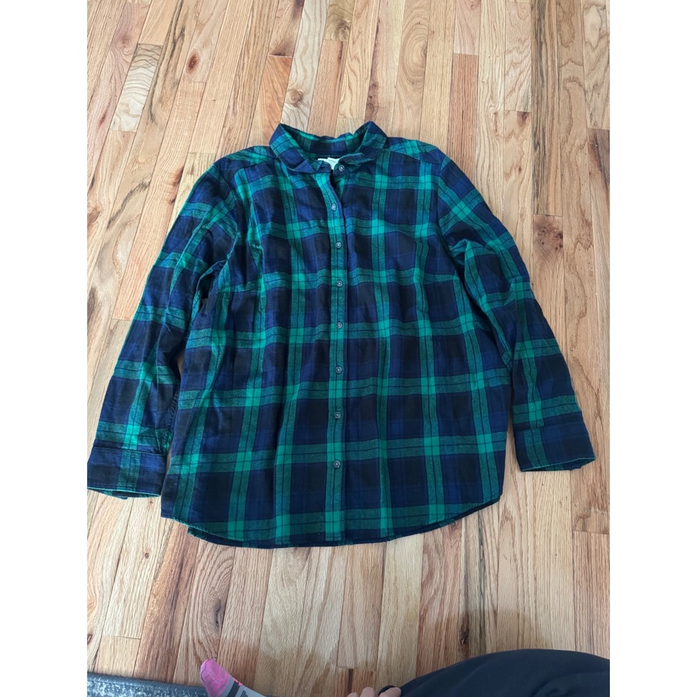 Lands End Womens 2X Flannel Shirt Green Navy Blue Black Watch Plaid Long Sleeve